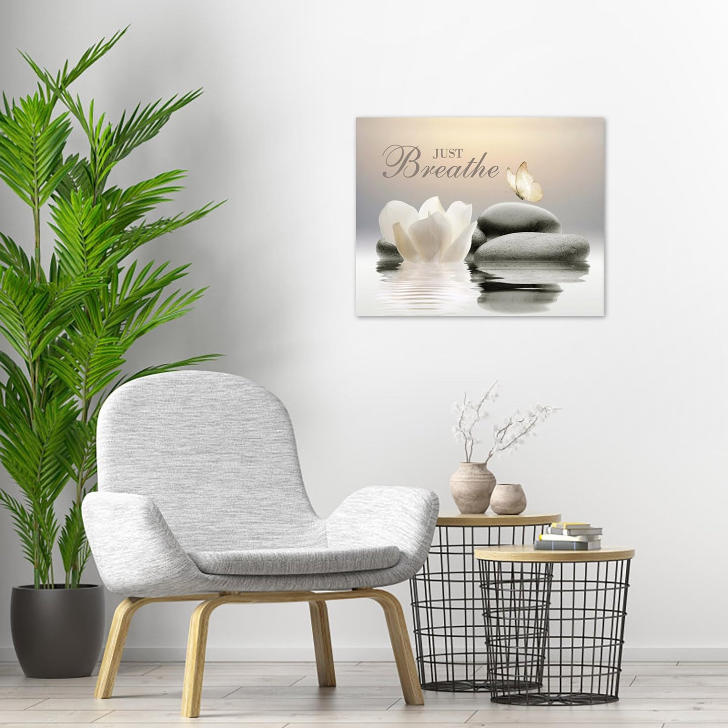 EOBTAIN Zen Flower Canvas Wall Art Bathroom Butterfly and Water Lily Stone Relaxing Spiritual Yoga Framed Wall Art Just Breathe Pictures Canvas Wall Decor for Living Room Bedroom,12x16 Inches