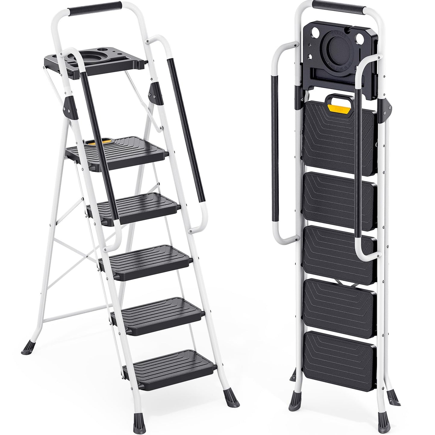 TOOLF 5 Step Ladder, Sturdy Steel Step Stool with Tool Platform, Anti-Slip Wide Pedals, Handrail, Safe-Lock Design, Folding Portable Ladder for Home, Kitchen, Pass 800lbs Load Testing, White