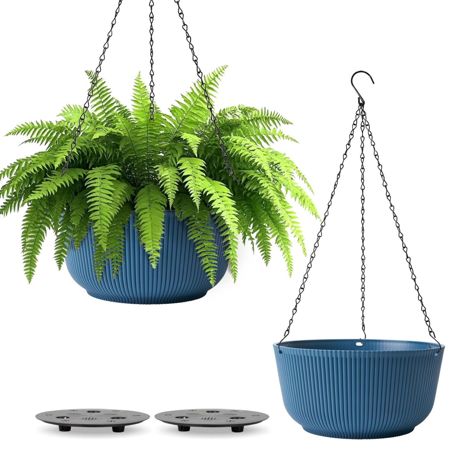 T4U 8 Inch Hanging Planters for Indoor Outdoor Plants, Self Watering Hanging Pot Pack of 2, Hanging Pots with Drainage Hole & Plug & Chain with 3 Hooks for Garden Home Decor, Blue