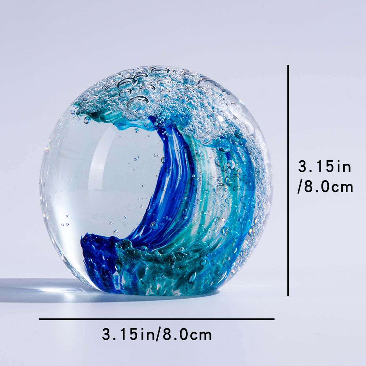 QIANCHANG 3.15" Ocean Wave Art Glass Paperweight, Hand Blown Glass Figurines Collectibles, Ocean Waves Decor Coastal Beach Themed Gifts