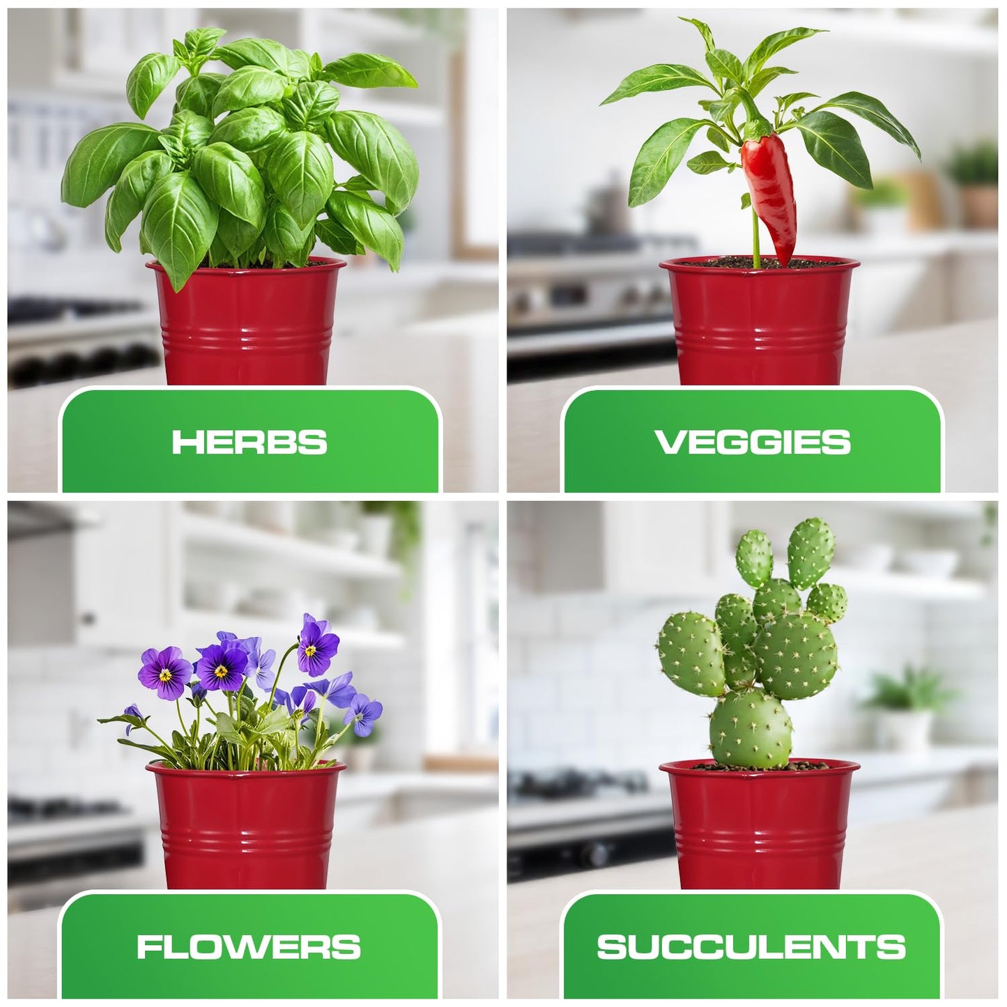 Plexon Herb Planter Indoor Garden Set of 3 with Tray, Metal Herb Pots for Indoor Plants, Round Kitchen Garden Kit Ideal for Windowsill Planter or Countertop, Red Powder Coated