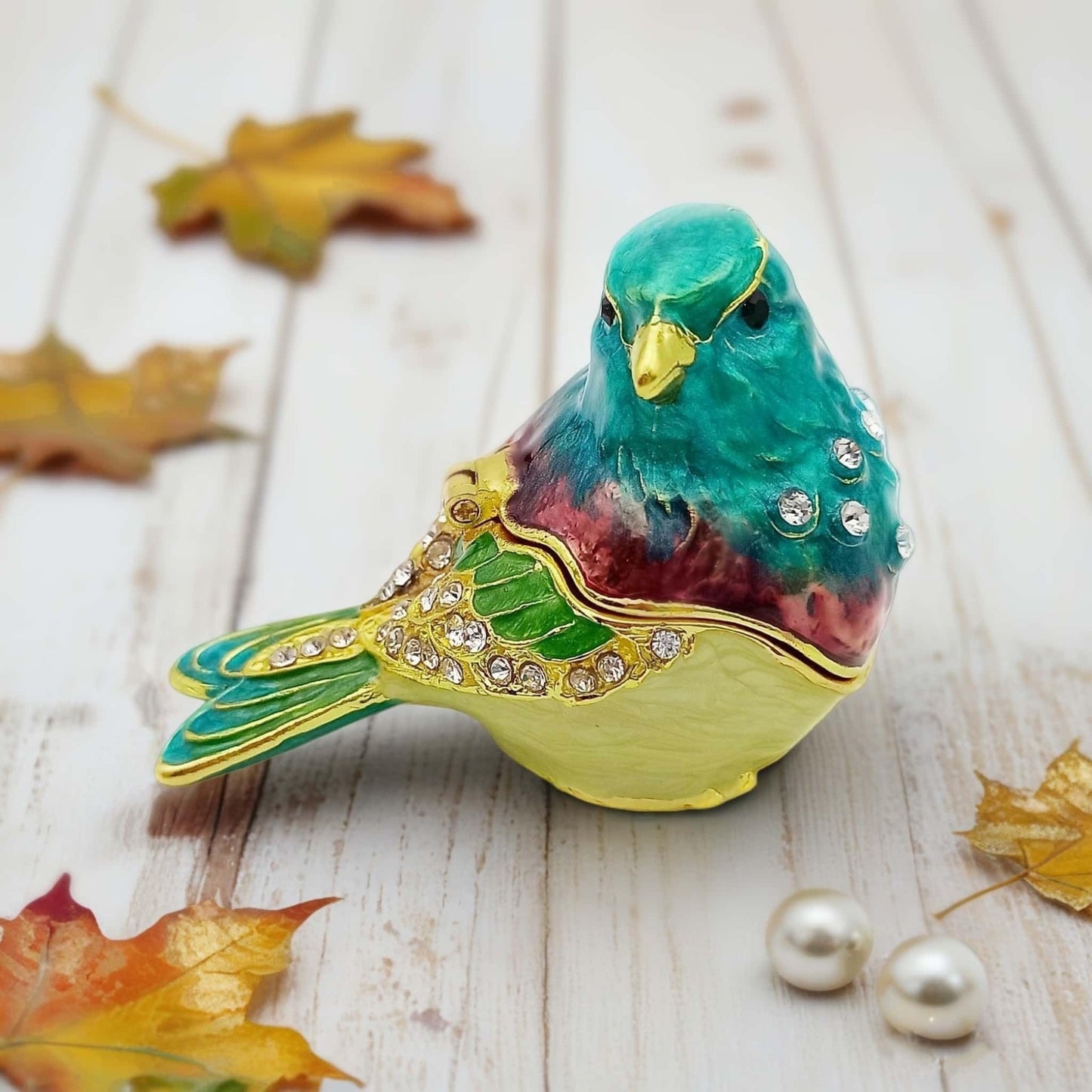 JWT Astyle Turquoise Green Bird Trinket Boxes Hinged,Bird Decor with Crystals Enamel Jewelry Box.Necklace Ring Box Earrings Storage.Collectible Birds Lover Gifts Figurines Home Decor