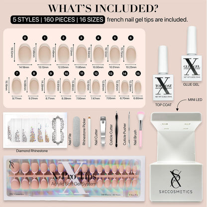 SXC Cosmetics French Tip Press On Nails - Skin Tone Nude and Color Series, Short Coffin X-Pro Tips Starter Kit ST119KIT