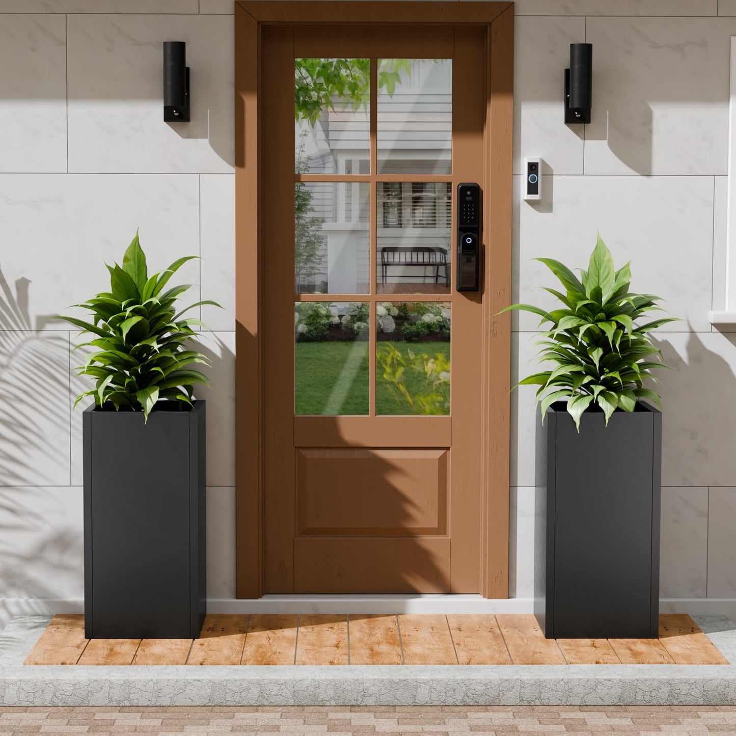 Diyfire Tall Metal Planters Box for Outdoor Plants 2 Pack- 23.6" Modern Steel Tall Square Planter with Removable Insert Shelf, Heavy Duty Pedestal Planter Front Porch Decor Patio Garden, Black