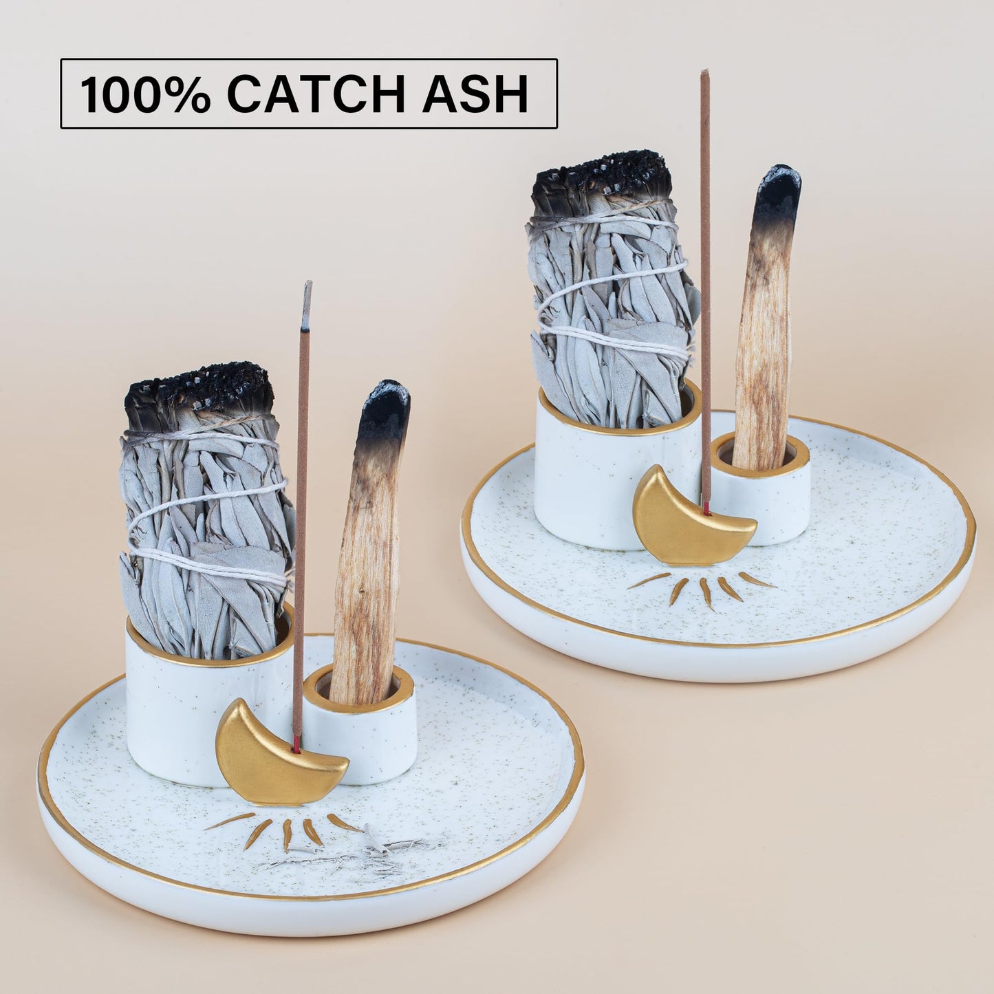 ZenBless Multifunction Incense and Candle Holder for Burning Sage, Palo Santo, Incense Sticks - 5.9" Ceramic Ash Catcher Tray for Meditation Room Home Decor Spritual Gifts (Gold)