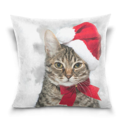 ALAZA Double Sided Christmas Cat Red Santa's Hat Cotton Velvet Square Pillow Slipcovers 20x20 Inch Decorative for Chair Auto Seat