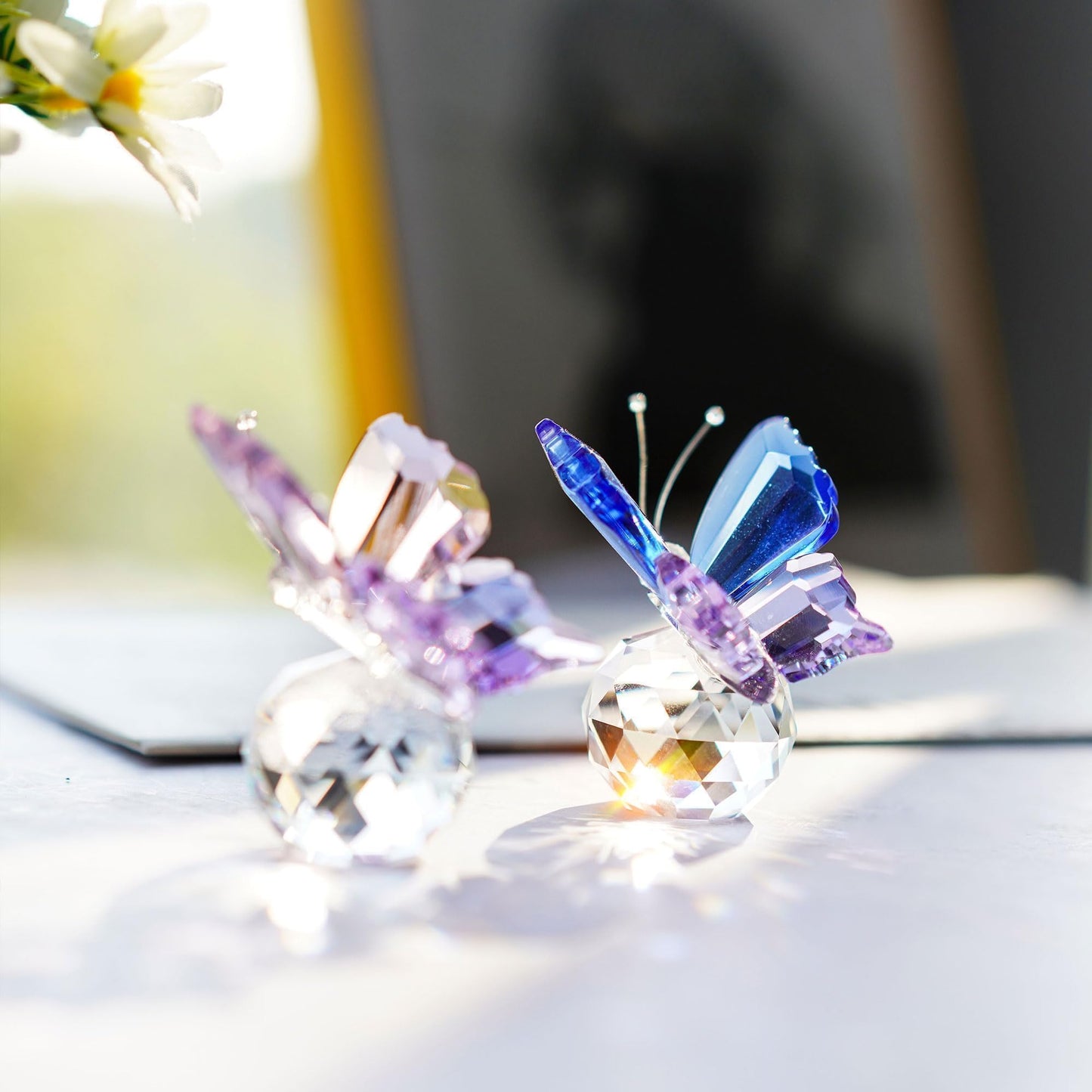 KRISININE 2pcs Crystal Butterfly Figurines with Clear Ball Base Butterfly Ornaments Animal Collectibles Crystal Decoration for Christmas Wedding Party Gifts for Women