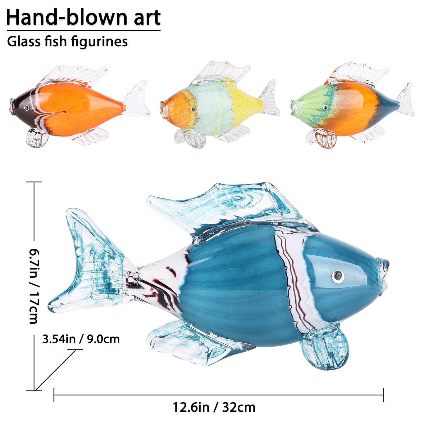 LCCCK Large Glass Fish Statue, Hand Blown Glass Sea Life Figurines, Coastal Decor for Home,Tropical Fish Ornaments Collectible Figurines, Coffee Table, Shelf, Office, Bathroom Decoration Nautical Art