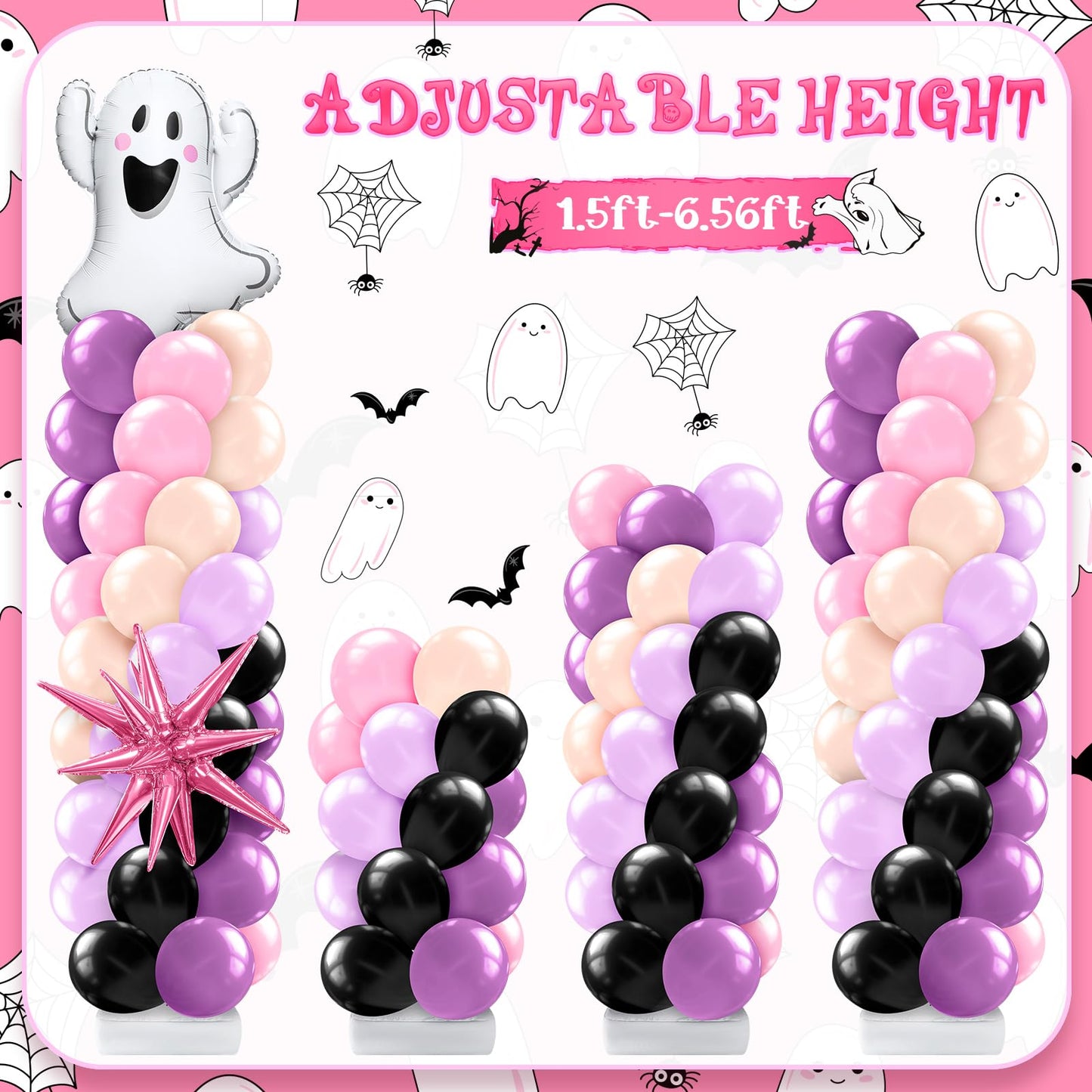 Kasyat 2 Sets Pink Purple Halloween Balloon Column Stand Kit Purple Pink and Black Arch Garland Kit with Cute Ghost Explosion Star Foil Balloons for Spooky Birthday Party Halloween Party Decoration
