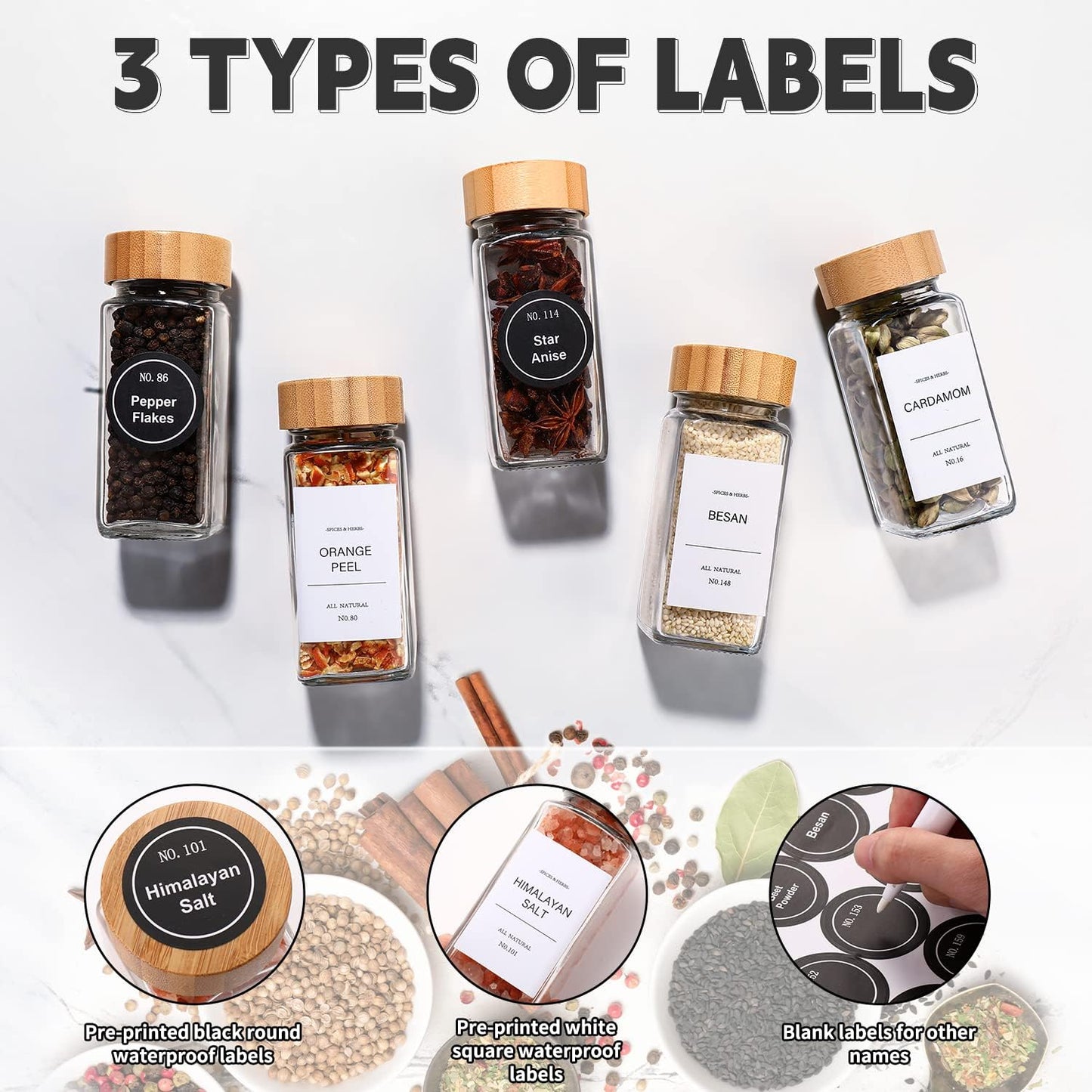 DWTS DANWEITESI 36 Pcs Glass Spice Jars - 4oz With Bamboo Lids, Empty Bottles With Labels, Kitchen Spice Jars With Shaker Lids