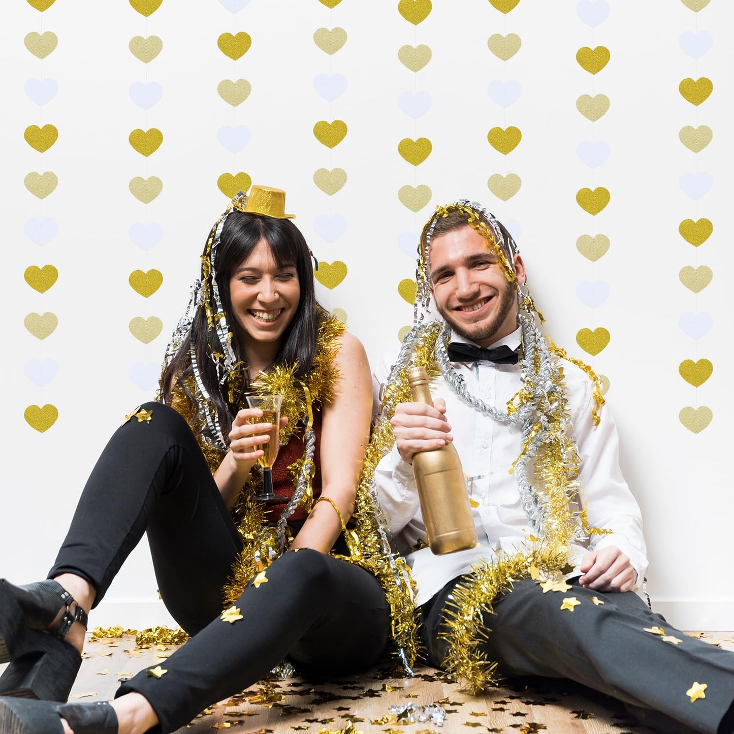 White Gold Champagne Party Decorations Garland-Hanging Christmas Paper Heart Streamer Banner,Birthday Neutral Baby Bridal Shower Engagement Wedding Bachelorette Anniversary 52FT Supplies Joylune