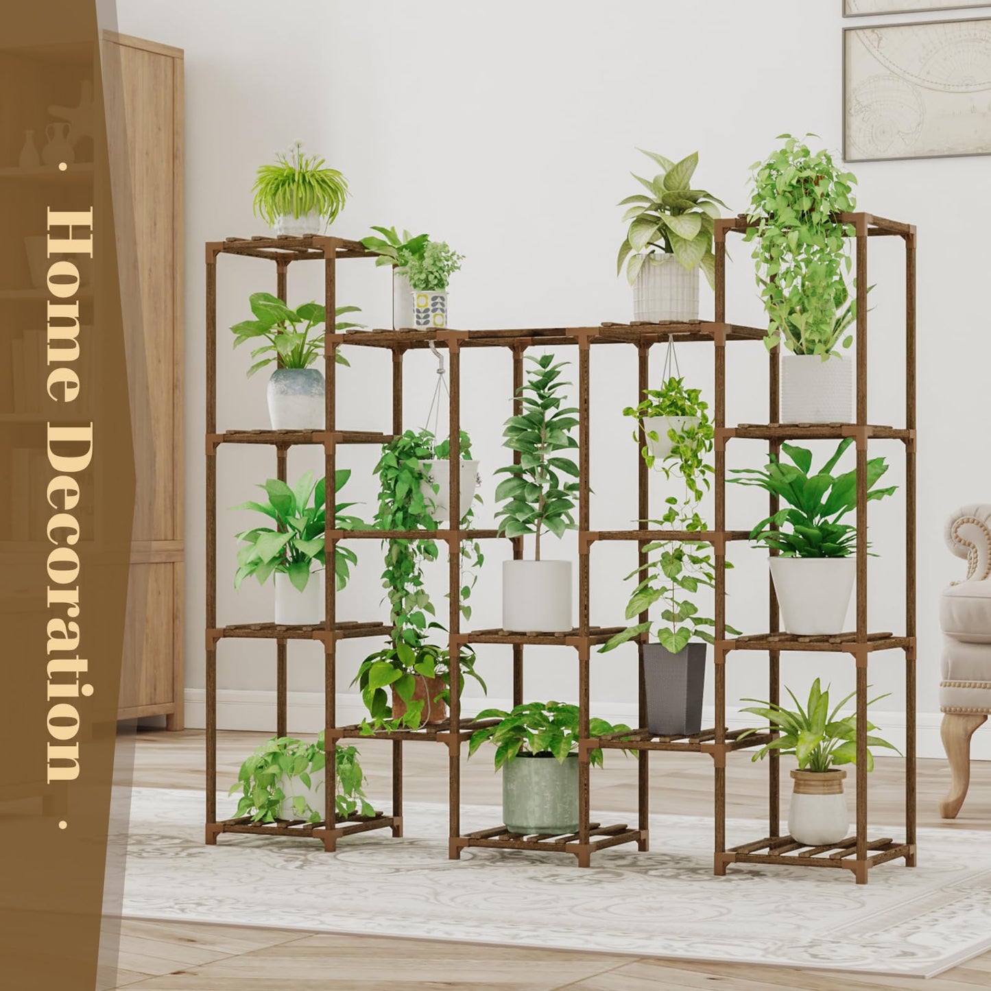 Bamworld Large Hanging Plant Stand Indoor Tall Plant Shelf Outdoor 14 Pots Large Plant Rack for Living Room Patio, Balcony and Garden