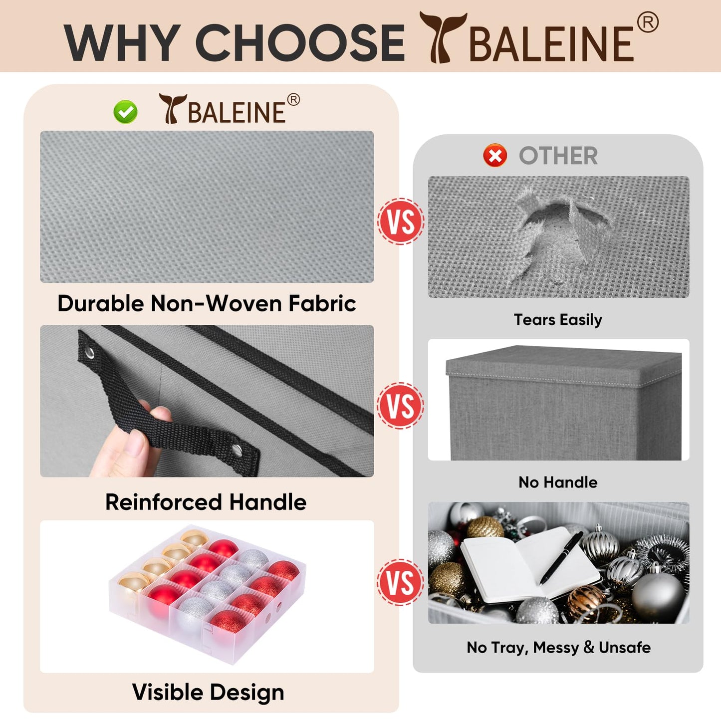 BALEINE Christmas Ornament Storage Box with Dividers, Premium Holiday Ornaments Storage Container Bin for Xmas Decorations (128 Ball, Grey, Hard)