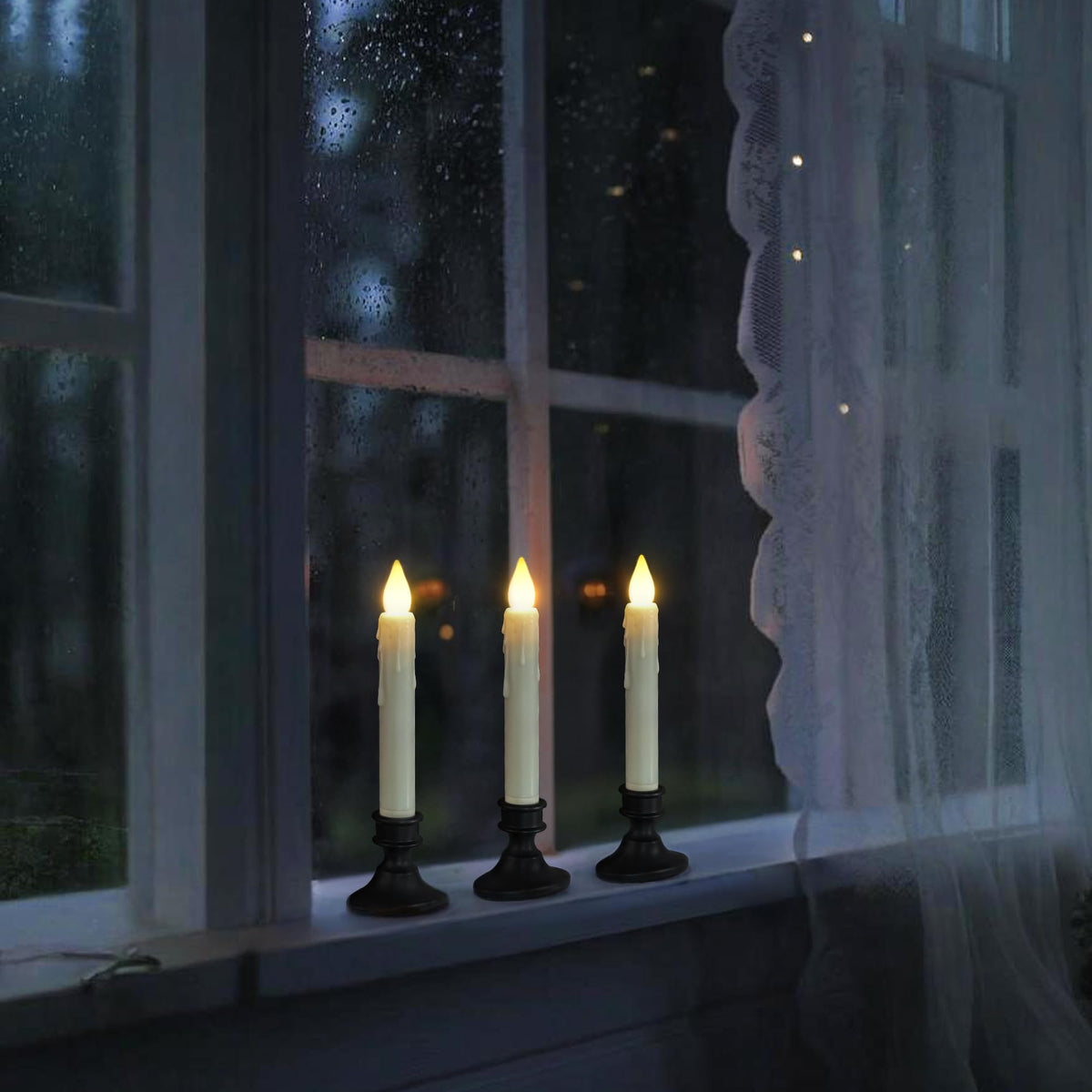 Daord 6 Pcs Sensor Dusk to Dawn Window Candles Flameless Flickering Candlesticks with Black Holders & Suction Cups Battery Operated Fake Candle for Christmas Home Decor (6pcs,Ivory)