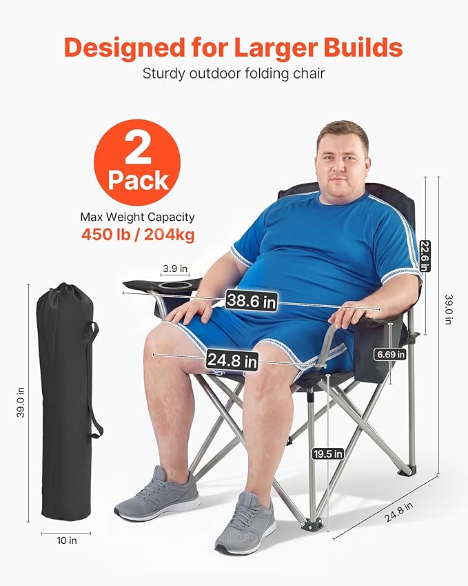 VEVOR Oversized Camping Folding Chair, Portable Heavy Duty Outdoor Quad Lumbar Back Padded with Side Pockets, Cup Holder and Cooler Bag for Beach, Lawn, Picnic, Fishing, Backpacking, 2 Pack