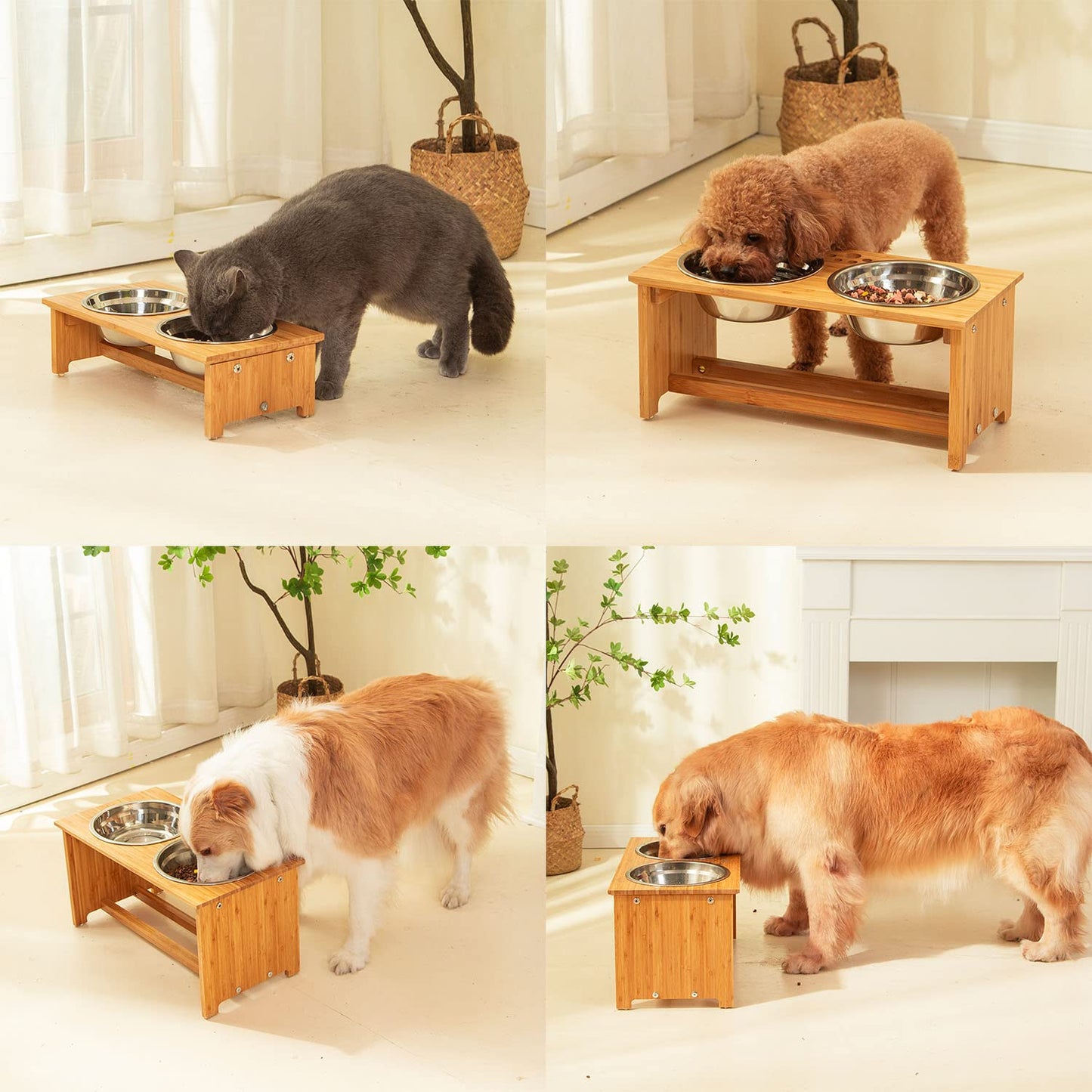 FOREYY Raised Dog Bowls for Cats and Dogs - Bamboo Elevated Dog Cat Food and Water Bowls Stands Feeder Dishes with 2 Stainless Steel Bowls and Anti Slip Feet (Small - 10 cm high)