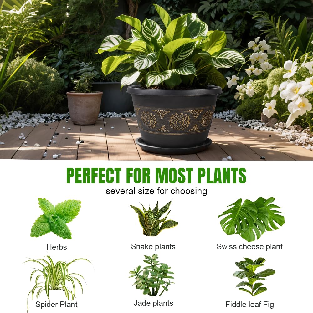 Usocik 4 Pack 16 inch Plant Pots, Retro Pattern Planters with Drainage Holes and Saucer, Sturdy Plastic Garden Flower Pots for Indoor & Outdoor Plants