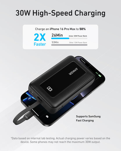 Anker Zolo Power Bank, 20,000mAh 30W High-Speed Portable Charger with Built-In USB-C Cable, Battery Pack For iPhone 17/17 Air/17 Pro/17 Pro Max/16/15 Series, Galaxy, and More