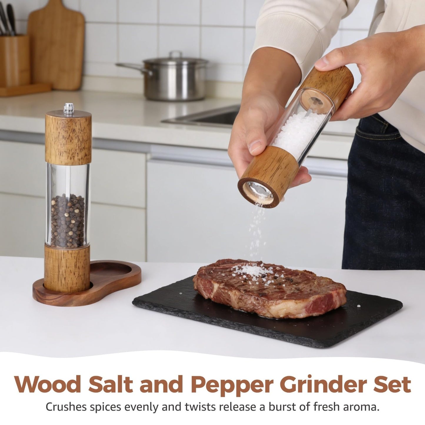 Acacia Wood Salt and Pepper Grinder Set, 2 Pcs 8.5" Wooden Salt and Pepper Shakers, Including Wooden Base, Refillable Spice Wooden Mills, Ideal for Kitchen, Dining Table