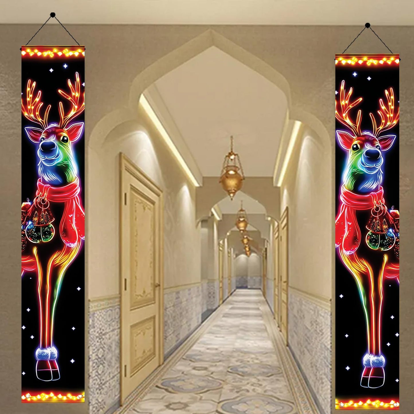 Saoplasa 2PCS Christmas Porch Banners 71 x 12 Inch Neon Reindeer Holiday Door Decorations LED Style Lighted Outdoor Hanging Signs for Xmas Party Front Entryway Yard Wall Festive Winter Welcome Display
