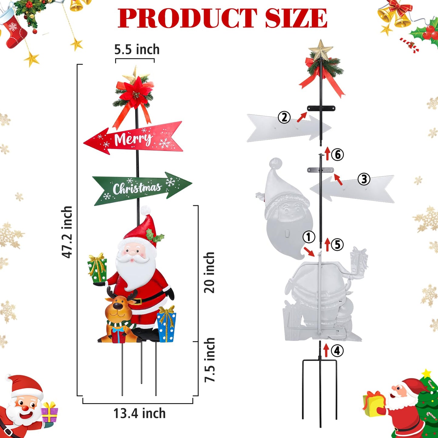 Christmas Decorations Outdoor Yards Signs, 47" Metal Xmas Santa Claus Signs with Stakes, Merry Christmas Yard Decorations for Front Door Lawn Patio Garden Outside Decor