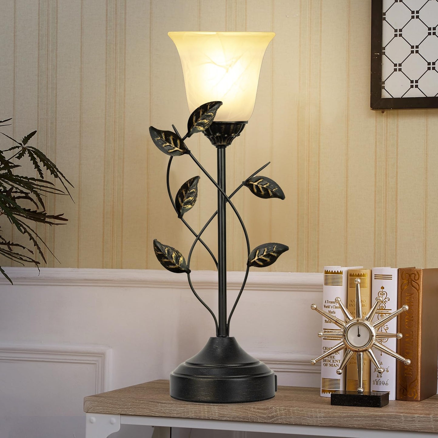20 Inch Table Lamp for Bedroom with White Glass Shade, Retro Leaf Design Bedside Lamps Set of 2, 3-Way Dimmable Touch Control Lamps for Night Stands with USB C+A Charging Ports for Bedroom Living Room