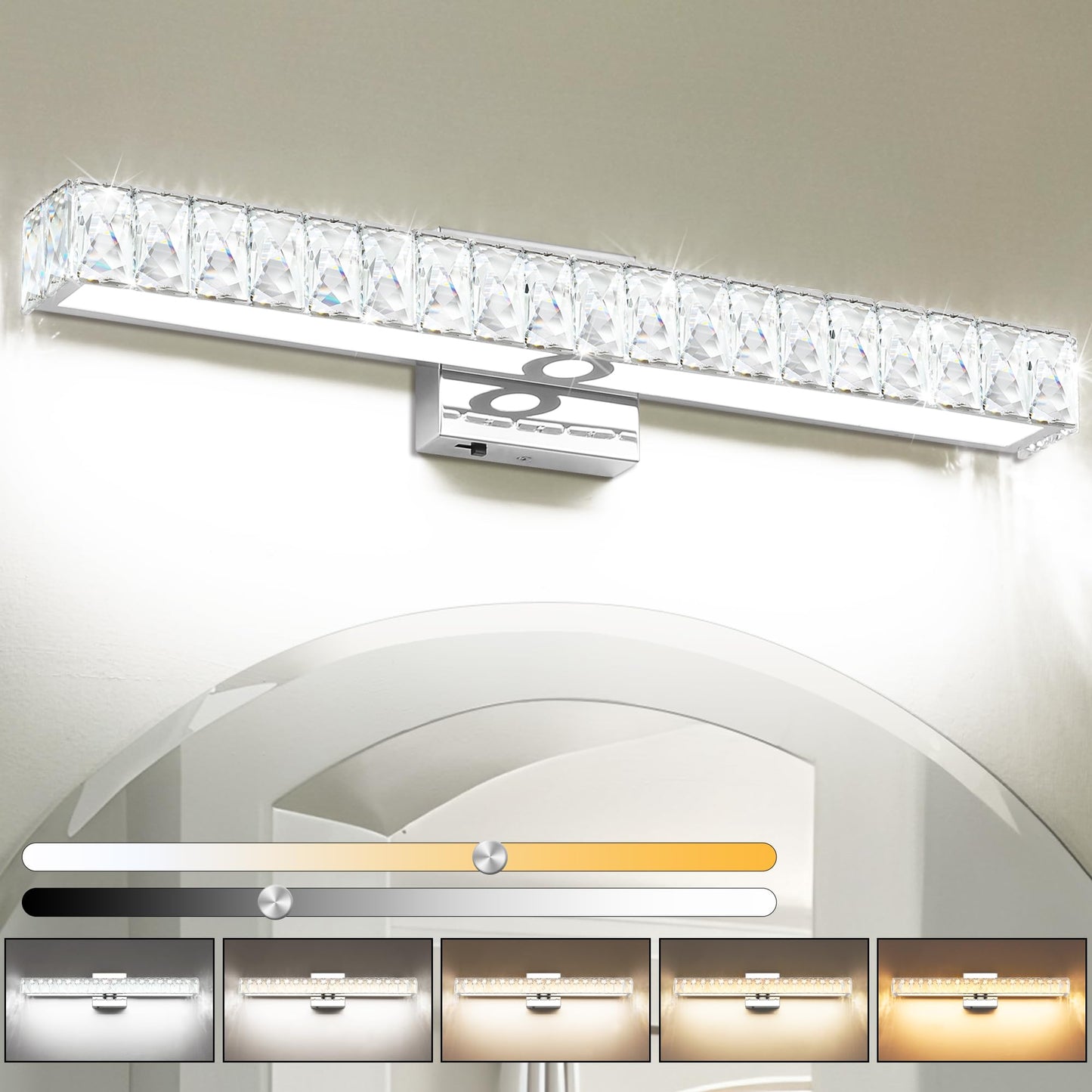 SOLFART Crystal Bathroom Lighting Fixtures Over Mirror, 24 Inch Chrome LED Vanity Light, 5 Color Adjustable 5CCT