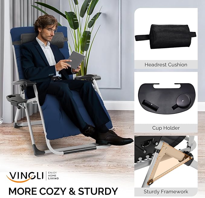 VINGLI 29" Padded Zero Gravity Chair, Lounge Chair with Removable Cushion & Tray， Folding Reclining Patio Chairs， Recliner Chair for Lawn，Indoor Outdoor-Blue