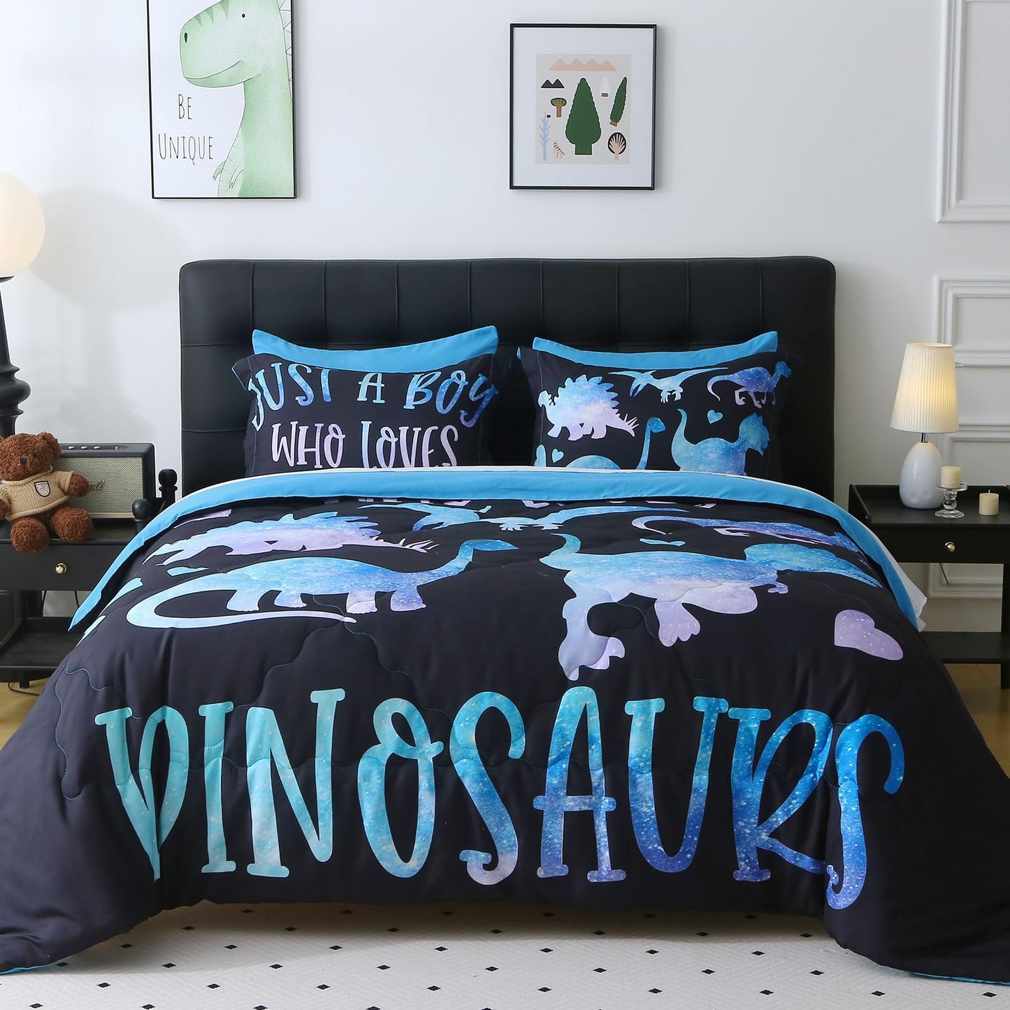 Jameswish 7 Piece Boys Dinosaur Comforter Set Twin Size Blue Dinonsaur Soft Microfiber Bed in A Bag with Comforter,Sheet Set,Pillowcase and Sham for Child Teens All Season