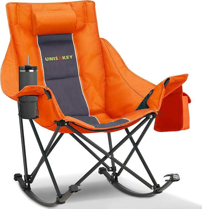Oversized Rocking Camping Chair with Headrest & Cup Holder - 400lbs Capacity, 600D Oxford Fabric, Easy Fold Portable Outdoor Rocker Chair for Camping, Backyard, Beach, Orange