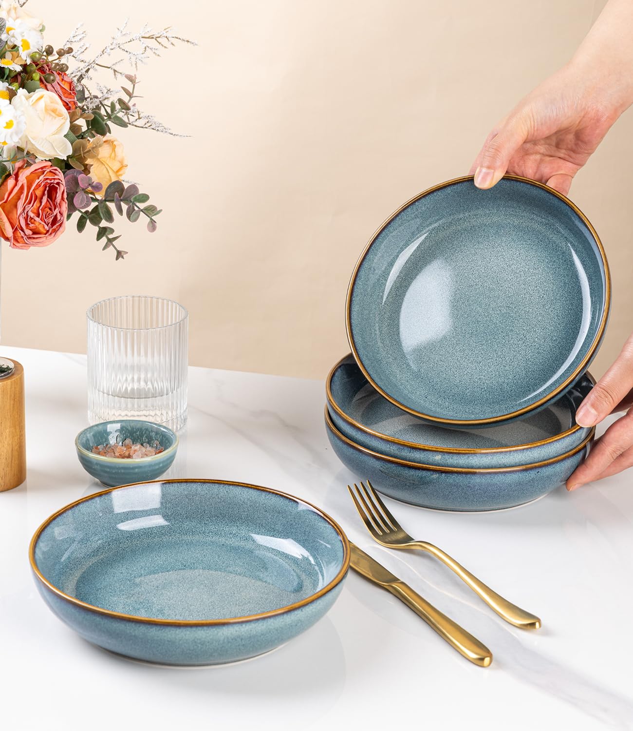 GBhome 8.75'' Large Ceramic Pasta Bowls, 38oz Stoneware Pasta Serving Bowls Set of 4 for Kitchen, Wide Bowls for Fruit,Pasta,Salad,Oatmeal,Meal, Microwave Safe, Reactive Glaze-Space Blue