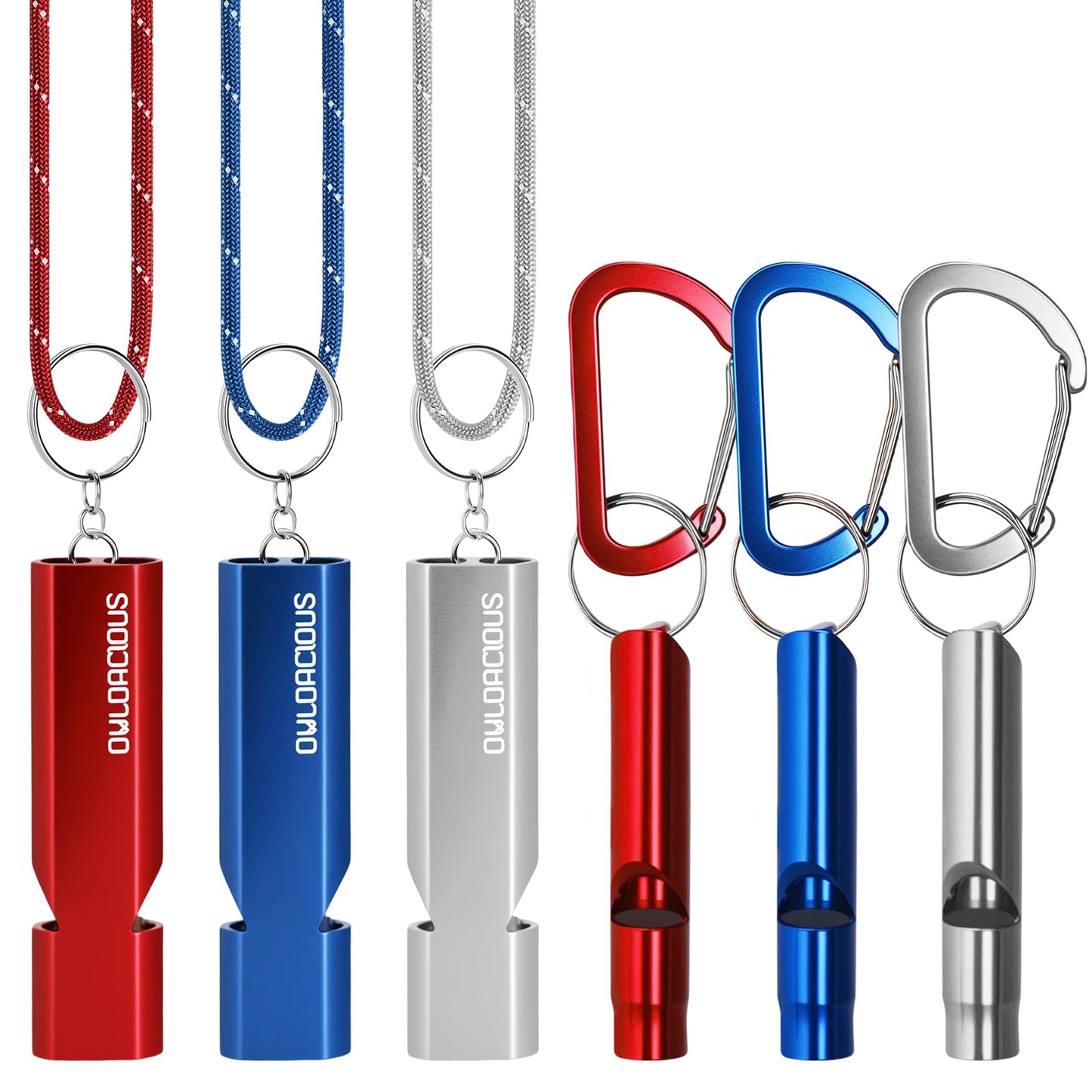 Owldacious Emergency Whistle Set, 120dB Loud Safety Whistles - 6 Pack Dual Size Aluminum Whistles, 3 Paracord Lanyards, 3 Carabiners for Personal Safety, Camping, Hiking, Survival, Marine Rescue