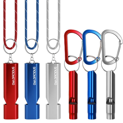 Owldacious Emergency Whistle Set, 120dB Loud Safety Whistles - 6 Pack Dual Size Aluminum Whistles, 3 Paracord Lanyards, 3 Carabiners for Personal Safety, Camping, Hiking, Survival, Marine Rescue