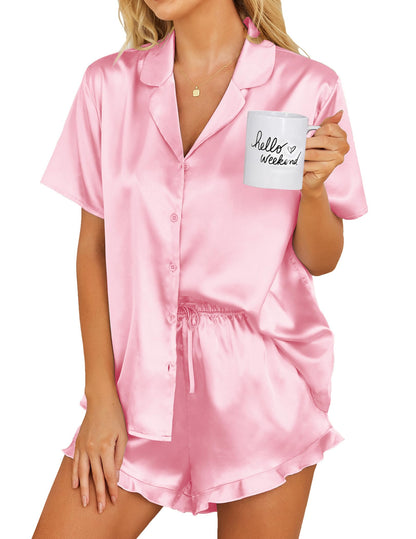 Ekouaer Womens Satin Pajamas Set Button Down 2 Piece Silk Pjs Shorts Set Ruffle Lingerie Notch Collar Sleepwear