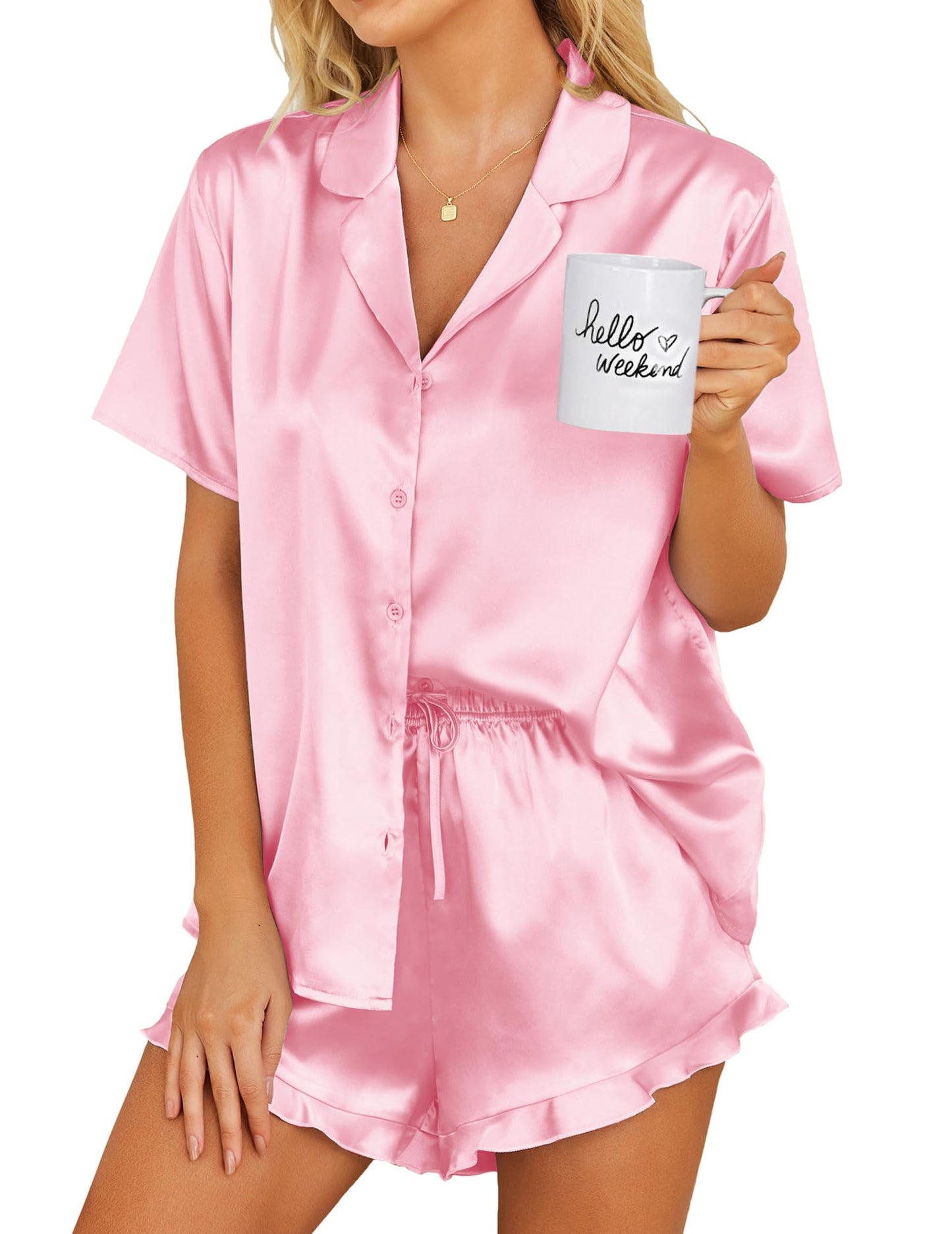 Ekouaer Womens Satin Pajamas Set Button Down 2 Piece Silk Pjs Shorts Set Ruffle Lingerie Notch Collar Sleepwear
