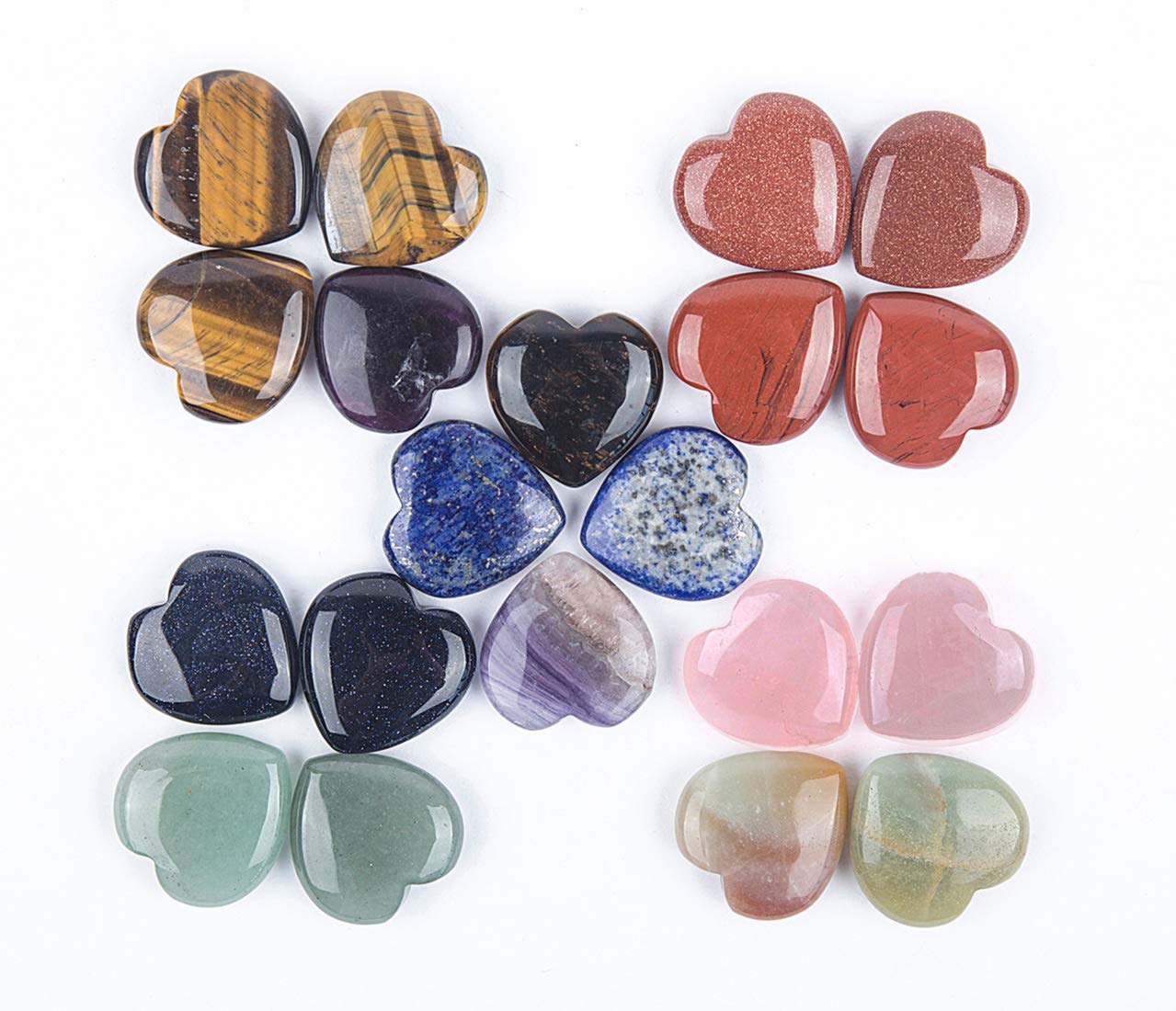 JIC Gem 20 pcs Mixed Crystal Heart Stones Heart Shape Chakra Stones 30mm Reiki Balancing Hand Carved Polished Palm Worry Stone Gift Jewelry Making and Collection