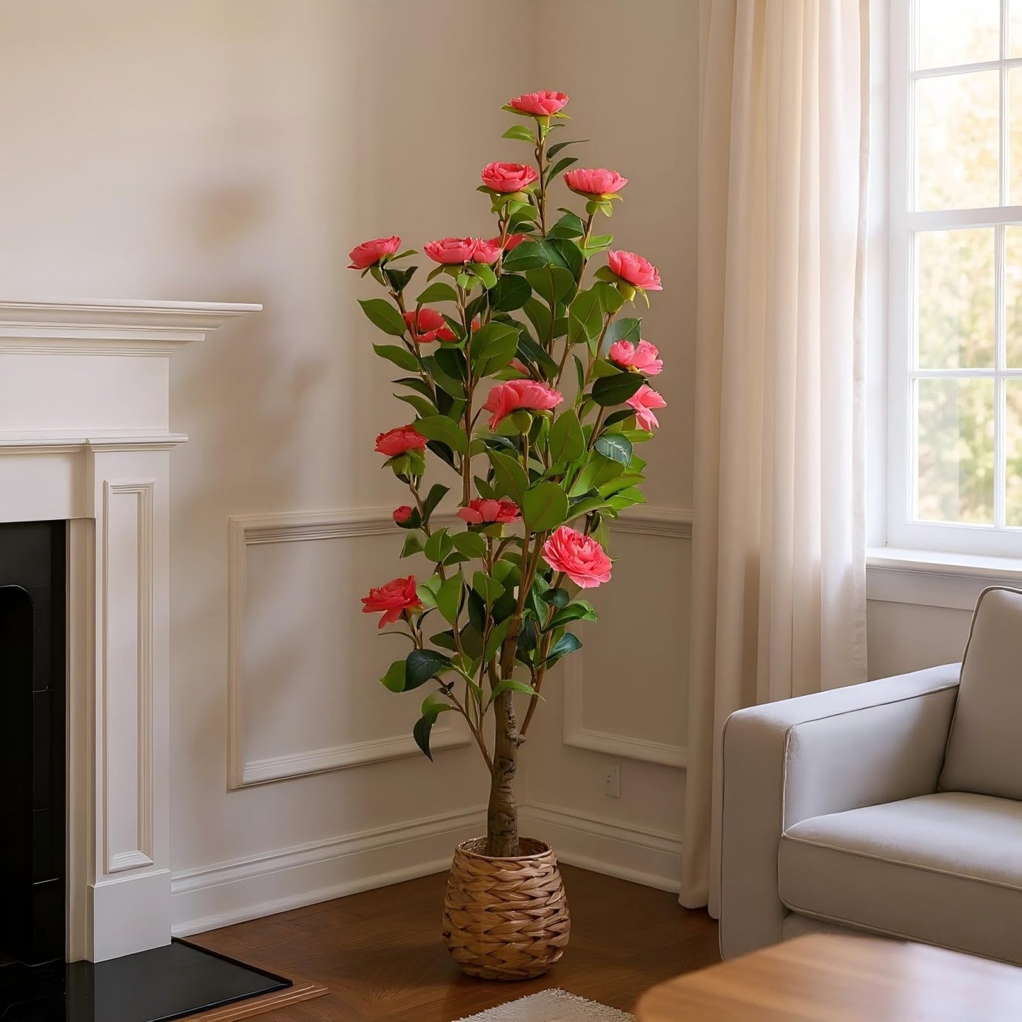 CZWBE 45" H Artificial Camellia Tree 2 Pack - Woven Planter with 28 Flowers,Faux Plant for Office Decor & Indoor Outdoor Home Wedding Decor（red）