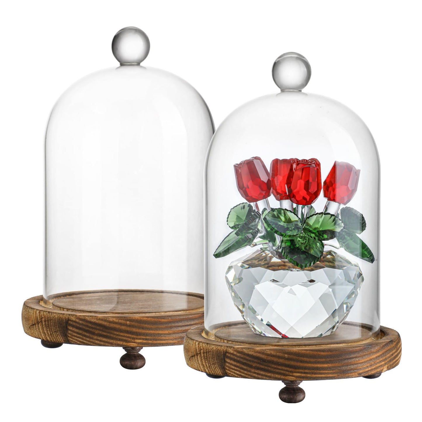 2 Pack Decorative Glass Cloche Bell Jars with Wooden Bases, 6.4" Tall Tabletop Accent Covers for Seasonal Centerpieces, Fairy Lights and Home Decor