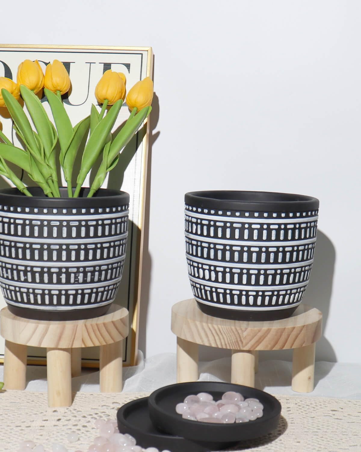 vensovo 5.8 Inch Boho Plant Pots Indoor - Artisanal Succulent Pots with Drainage Holes and Saucer, Cement Pots for Indoor Plants, Flower Pot with Rubber Pot Feet, Set of 2, White Lines and Black