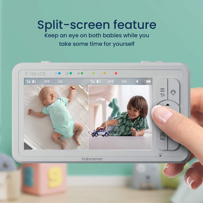 Babysense 5" HD Split-Screen Baby Monitor, Video Baby Monitor with Camera and Audio, Two HD Cameras 720p, Night Light, 300m Range, Two-Way Audio, 4x Zoom, Night Light, 4000mAh Battery