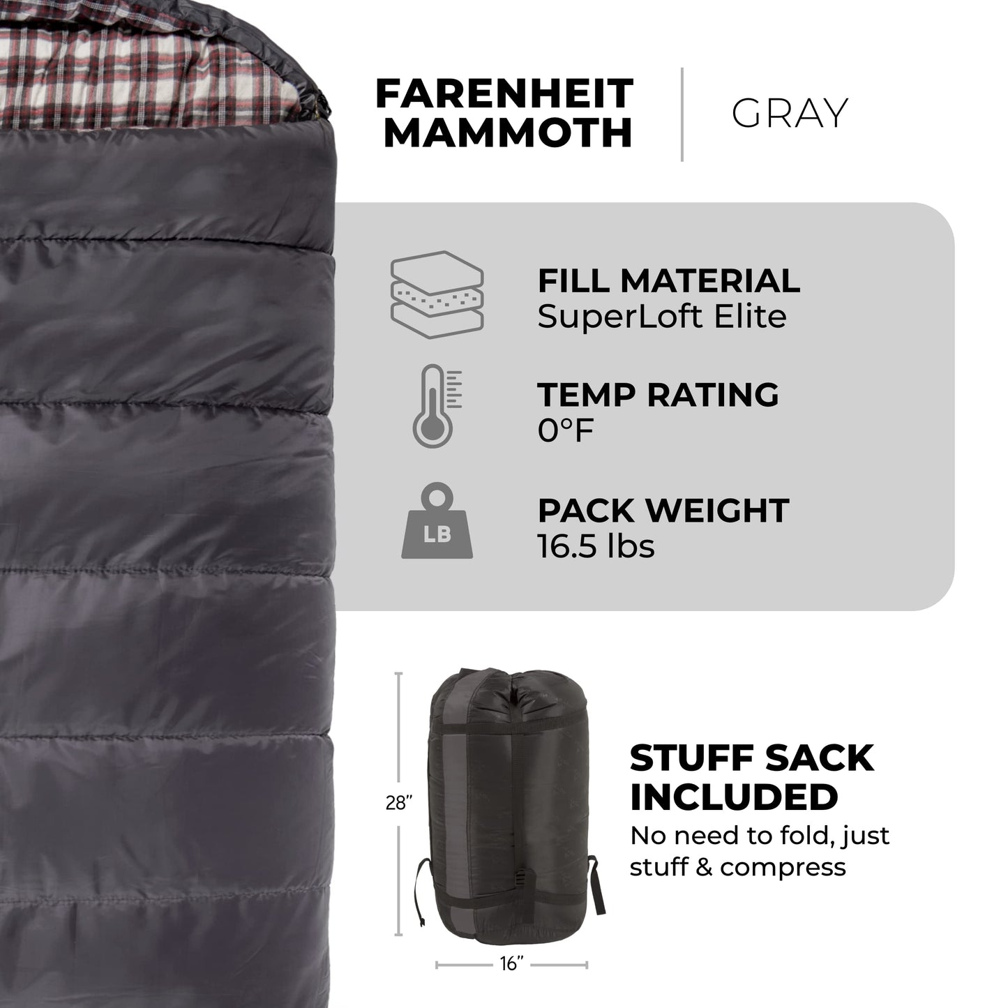 TETON Sports Fahrenheit Mammoth 0F/-18C Queen-Size Double Sleeping Bag; Warm and Comfortable; Double Sleeping Bag Great for Family Camping; Compression Sack Included Grey