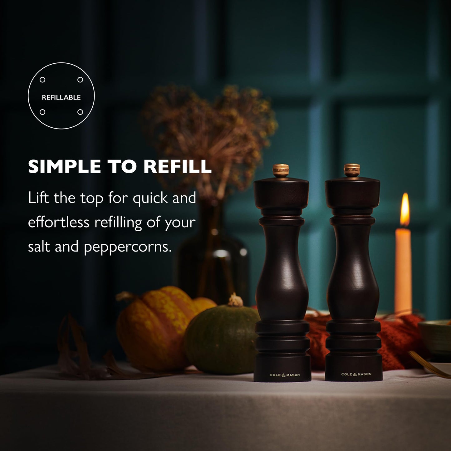 Cole & Mason London Refillable Spice Mill - Kitchen & Home Accessory - Salt & Pepper Grinder Set - Salt Mill with Ceramic Mechanism - Pepper Mill with Carbon Steel Mechanism - 8", Chocolate Wood