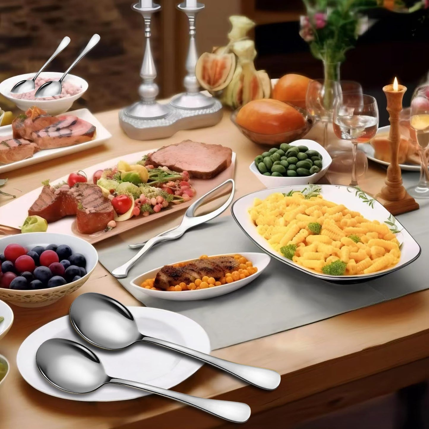 Keyoxy Stainless Steel Serving Spoons Set, 6pc, 10-Inch, Includes 6 Large Spoons, for Parties/Kitchen/Buffet/Catering, Dishwasher Safe