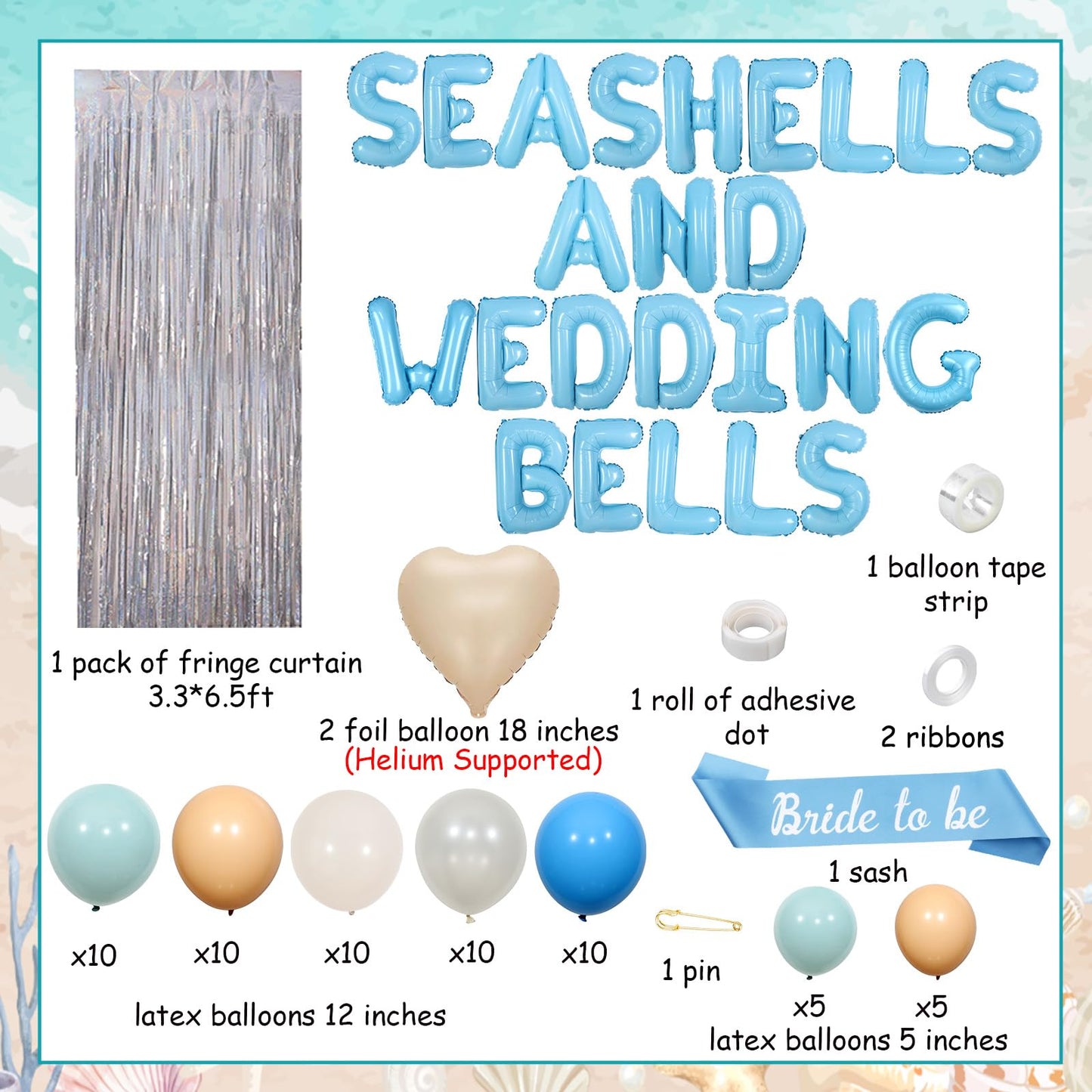 SHADOAMP Seashells and Wedding Bells Decor, Coastal Bachelorette Party Decorations - Balloon Garland Kit with Bride to Be Sash Foil Balloons Fringe Curtain for Beach Theme Bridal Shower Supplies