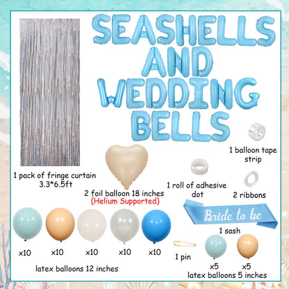 SHADOAMP Seashells and Wedding Bells Decor, Coastal Bachelorette Party Decorations - Balloon Garland Kit with Bride to Be Sash Foil Balloons Fringe Curtain for Beach Theme Bridal Shower Supplies