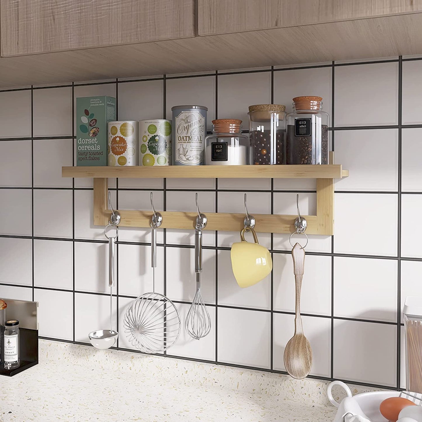 SMIBUY Coat Hooks with Shelf Wall-Mounted, 74 cm Entryway Coat Rack for Wall, Bamboo Hanging Shelf with 5 Double Metal Hooks for Bathroom, Bedroom, Kitchen, Living Room, Mudroom (Natural)