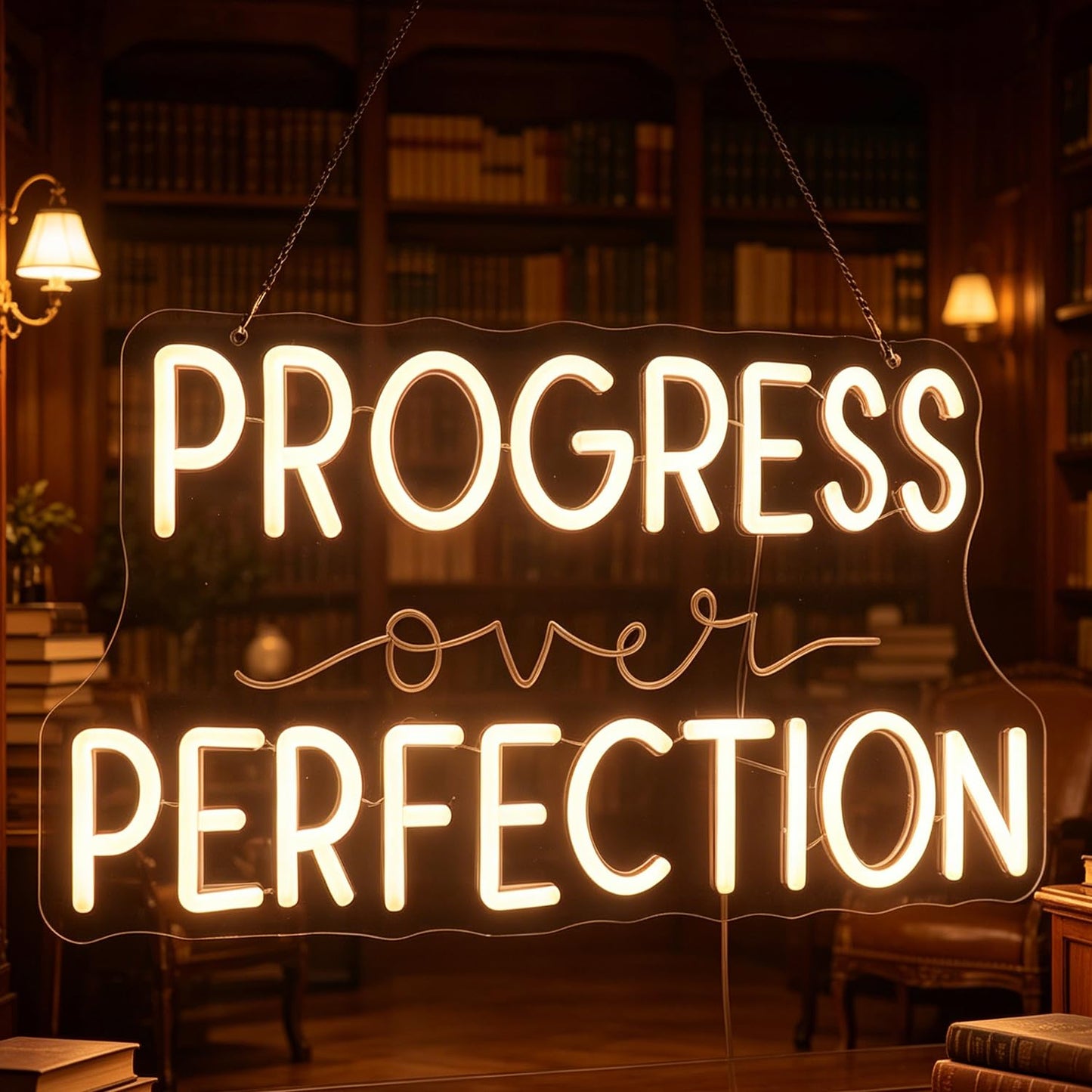 Progress Over Perfection Wall Hanging Neon Sign,Classroom Wall Decor Sign, Led Inspirational Office Decor Light, Teacher Gift, Decorative Neon Lights for Kids Room, Playroom Wall Decor (warm white)