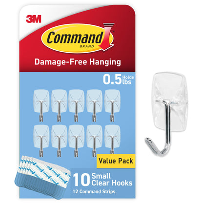 Command Small Clear Wire Toggle Hooks, 10 Wall Hooks and 12 Command Strips, Damage-Free Hanging with Adhesive, Great for Hanging Christmas Decorations, Holds up to 0.5 lb