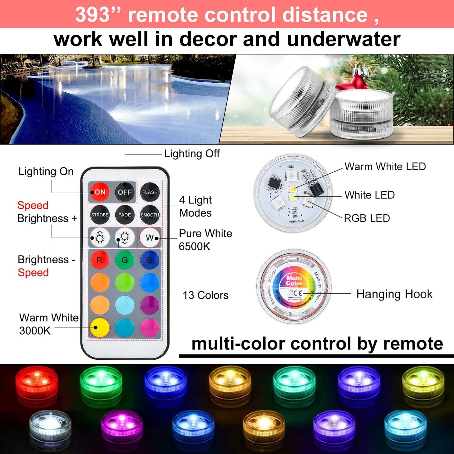 Halloween Pumpkin Lights with Remote, Submersible Pool Light for Party Events, Waterproof LED Tea Lights for Vase Fishtank Pond Wedding Christmas Decoration (Colourful, 10-Pack)