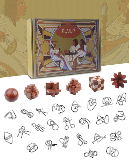 RLYLF 30pcs Brain Teaser Puzzles Game for Adults and Kids Ancient Wooden and Metal Puzzles 3D Educational Toys IQ Logic Train Family Games Party Favor Coffee Time Unlock Interlock Puzzles Box
